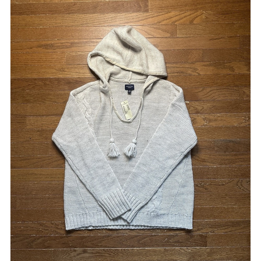 American Eagle Cable Knit Sweater Hood Wool Y2K Beige Womens Large Pullover  NEW